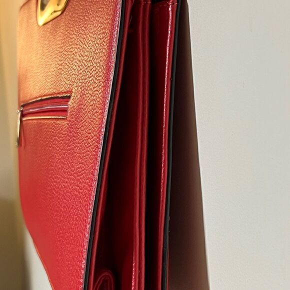 Women’s Red Satchel Purse Gold Details Double Top Handle Hard Side Large Bag - Picture 6 of 7